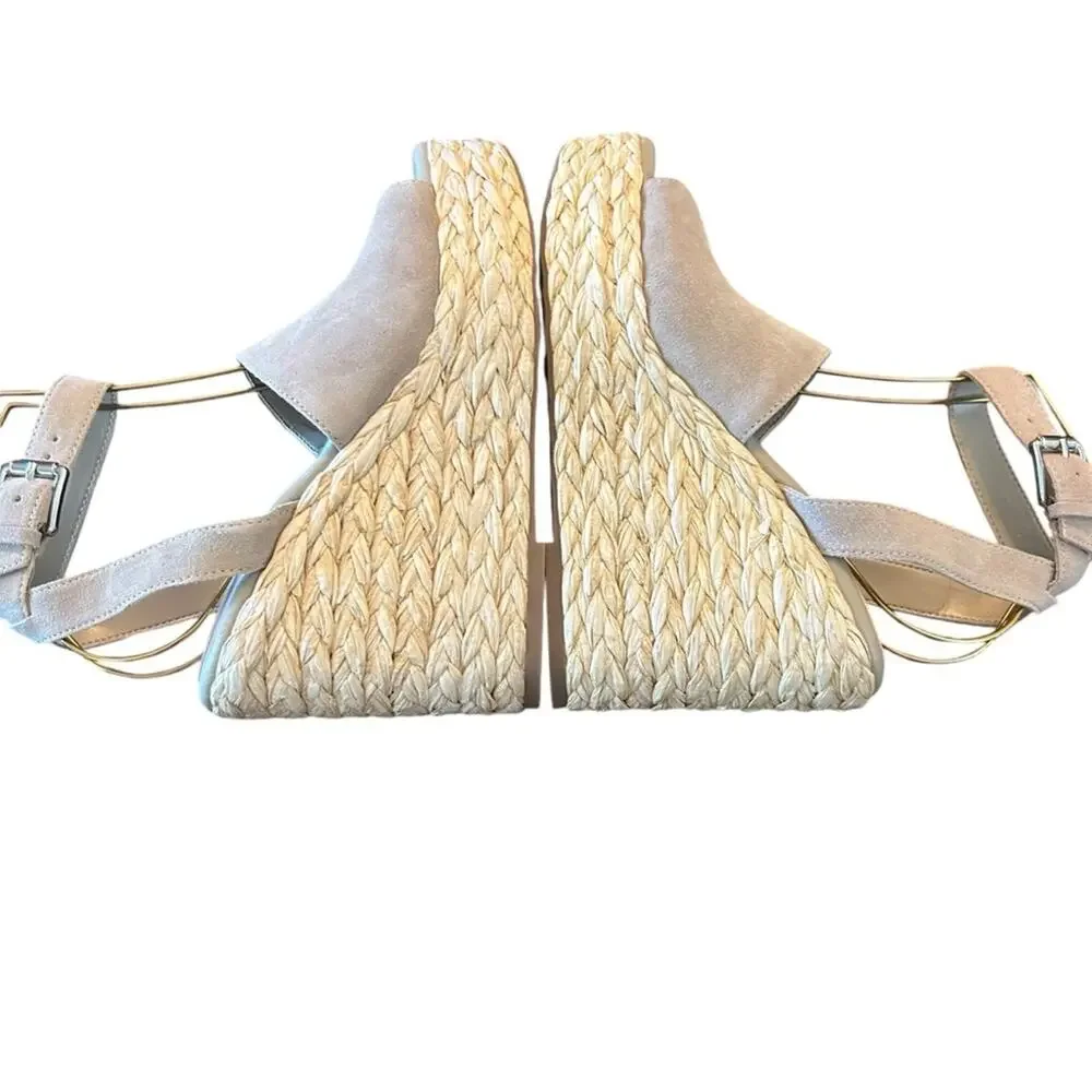 Marc Fisher Nelly Suede Espadrille Wedge Platform Heels Square Toe Taupe NEW 9.5